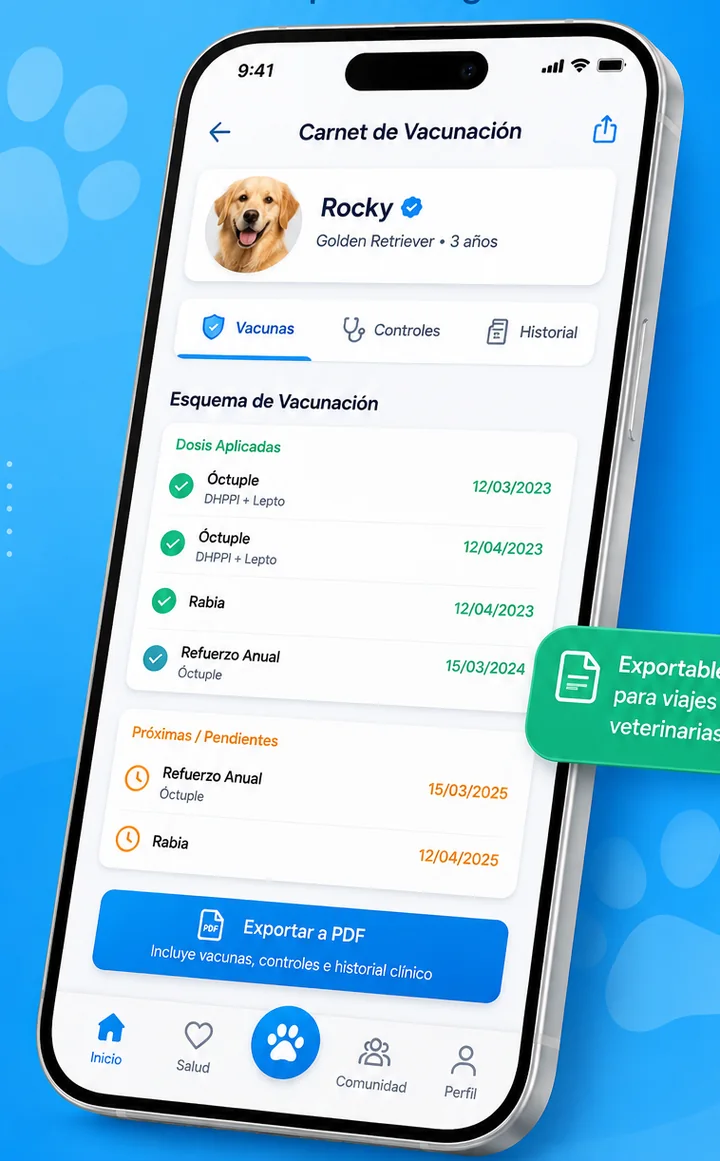Carnet de vacunación de Rocky, con las dosis aplicadas, las próximas pendientes y el botón de exportar a PDF