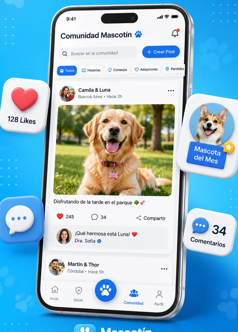 Feed de la comunidad de Mascotín con publicaciones de dueños de Buenos Aires y Córdoba