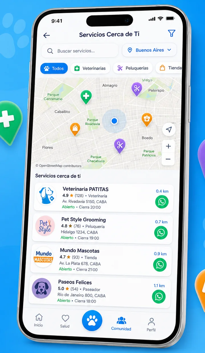 Mapa de servicios cerca del usuario con marcadores de veterinarias, peluquerías y tiendas, y la lista de negocios con su valoración y distancia