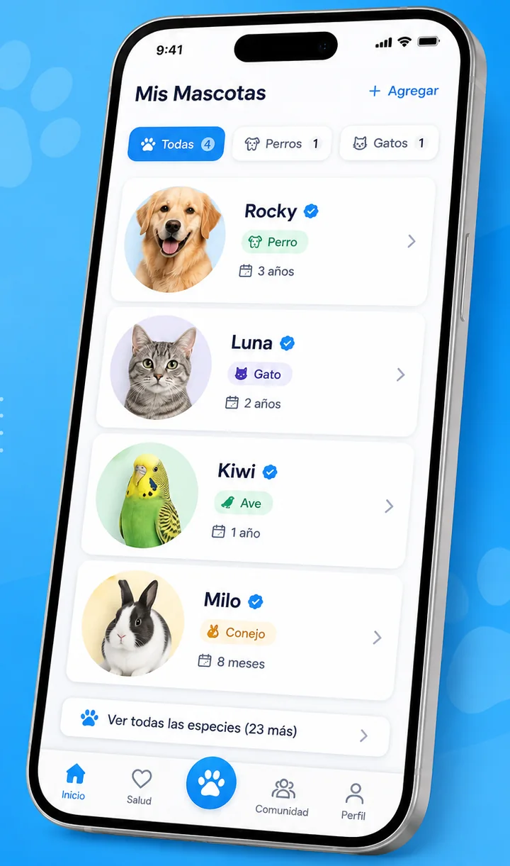 Lista de mascotas con un perro, un gato, un ave y un conejo, y acceso a las 23 especies restantes