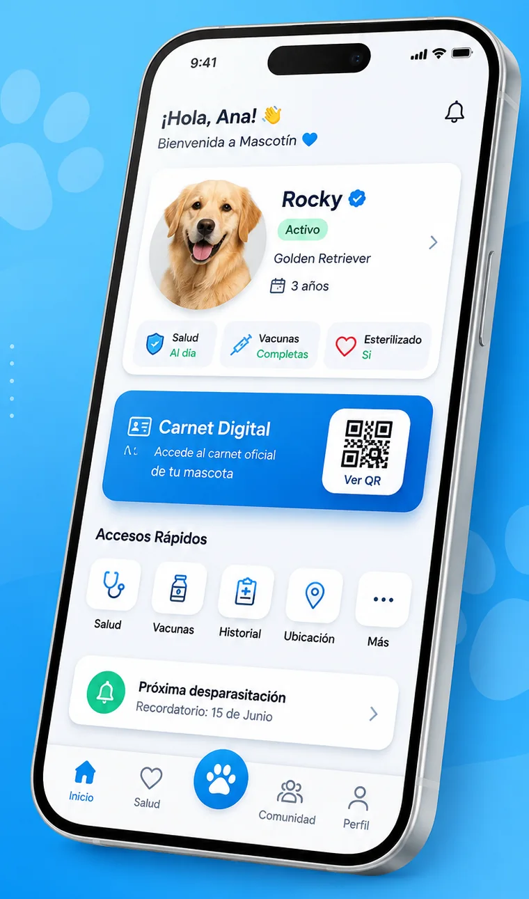 Pantalla de inicio de Mascotín con la ficha de Rocky, su estado de salud y el acceso al carnet digital con código QR